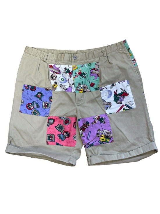 Patchit Pants - PatchIt Golf Print Patchwork Khaki Cotton Shorts Size Large Funky Retro